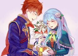  blue_hair blush closed_eyes commentary_request couple dress eliwood_(fire_emblem) eliwood_(valentine)_(fire_emblem) female fire_emblem fire_emblem:_the_blazing_blade fire_emblem_heroes flower gloves hair_ornament highres long_hair ninian_(fire_emblem) red_eyes red_hair rheamii short_hair smile straight 