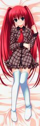  absurdres casual dakimakura_(medium) female full_body green_eyes highres izumi_sora long_sleeves lying necktie red_hair solo stellar_theater suzuhira_hiro thighhighs twintails white_thighhighs 