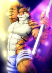  2016 abs anthro biceps big_muscles black_body black_fur bottomwear bulge chest_tuft clothed clothing countershading dancing disney felid fur green_eyes hand_behind_head hi_res holding_fixture looking_at_viewer male mammal muscular muscular_anthro muscular_male navel one_eye_closed open_mouth orange_body orange_fur pantherine pecs pink_nose pole pole_dancing primodrago raised_arm shorts smile solo standing stripes stripper stripper_pole tiger tiger_dancer_(zootopia) topless tuft white_body white_fur wink zootopia zootopia_shorts 