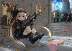  assault_rifle blonde_hair blush boots braid brick_wall brown_eyes chiyomi combat_boots commentary_request female futaba_anzu gloves grin gun hat helmet home_security idolmaster idolmaster_cinderella_girls long_hair military military_uniform open_mouth outdoors police poster_(object) producer_(idolmaster) producer_(idolmaster_cinderella_girls_anime) rifle running_bond senkawa_chihiro shell_casing sitting smile stuffed_toy swat twintails uniform wanted weapon 