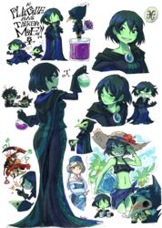  2boys 2girls aizawa_sachi bad_id bad_twitter_id blush brooch colored_skin commentary_request dress flower gloves green_eyes green_skin hat height_difference jewelry magicist_(shovel_knight) mona_(shovel_knight) multiple_boys multiple_girls nervous_sweating plague_doctor_mask plague_knight potion shovel_knight specter_knight sun_hat sweat swimsuit thought_bubble 