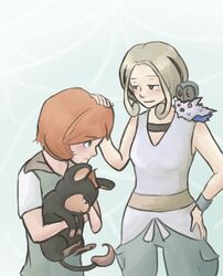  1boy female gym_leader litleo pokemon pokemon_(game) pokemon_xy red_hair shishiko spewpa toroba_(pokemon) viola_(pokemon) 