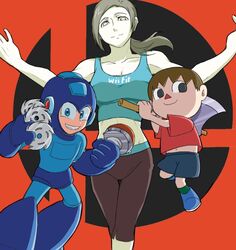  2boys axe breasts brown_hair capcom cleavage doubutsu_no_mori female grin midriff multiple_boys nintendo rockman rockman_(character) sawblade short_hair simple_background smile super_smash_bros. trainer_(wii_fit) villager_(doubutsu_no_mori) weapon wii_fit wii_fit_trainer you_gonna_get_raped 