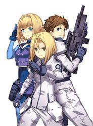  1boy 2girls black_gloves blonde_hair blue_bodysuit blue_eyes bodysuit brown_eyes brown_hair gloves gun havia_winchell heavy_object holding holding_gun holding_weapon looking_at_viewer milinda_brantini military military_uniform multiple_girls nagi_ryou pilot_suit qwenthur_barbotage rifle salute short_hair simple_background smile standing uniform weapon white_background 