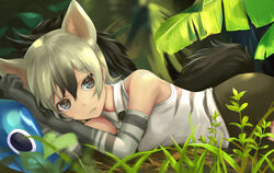  aardwolf_(kemono_friends) aardwolf_print animal_ears animal_print bad_id bad_pixiv_id bare_shoulders black_hair black_shorts cellien_(kemono_friends) collared_shirt commentary_request dappled_sunlight day elbow_gloves extra_ears female gloves gradient_hair grey_eyes grey_hair hair_between_eyes hands_up head_rest kemono_friends light_smile long_hair looking_at_viewer lying multicolored_hair necktie on_side one-eyed outdoors parted_lips photoshop_(medium) ponytail shirt shorts sleeveless sleeveless_shirt solo_focus sunlight tail tamamushi two-tone_hair upper_body wing_collar 