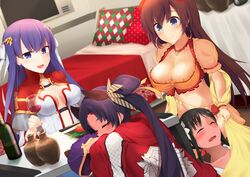  4girls black_hair blue_eyes blush breasts brown_hair chinese_clothes choker cleavage closed_eyes detached_sleeves earrings fate/grand_order fate_(series) flower frills hair_ornament jewelry jing_ke_(fate/grand_order) long_hair mata_hari_(fate/grand_order) midriff multiple_girls navel open_mouth pillow purple_hair saint_martha see-through side_ponytail sleeping ushiwakamaru_(fate/grand_order) wine 