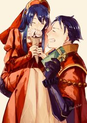  1boy blue_hair blush cape carrying closed_eyes commentary_request dark_blue_hair dress father_and_daughter female fire_emblem fire_emblem:_the_binding_blade fire_emblem:_the_blazing_blade fire_emblem_heroes gift gloves hat hector_(fire_emblem) hector_(valentine)_(fire_emblem) ho_kiho lilina_(fire_emblem) lilina_(valentine)_(fire_emblem) long_hair short_hair simple_background smile 