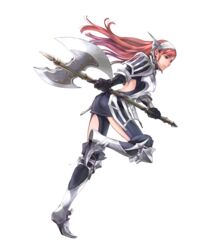  arm_guards armor armored_boots ass axe backless_outfit battle_axe boots cherche_(fire_emblem) female fire_emblem fire_emblem_awakening fire_emblem_heroes full_body helswath highres holding holding_weapon legs_up long_hair maid_headdress official_art red_eyes red_hair solo transparent_background wada_sachiko weapon 