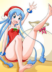  :d arm_support armpits bare_shoulders barefoot blush bracelet breasts commentary_request dress feet female hat highres ikamusume jewelry kawa leg_up legs merry_christmas open_mouth panties pantyshot sack santa_costume santa_hat shinryaku!_ikamusume sitting small_breasts smile solo tentacle_hair underwear waving white_panties 