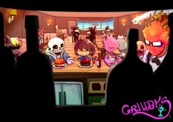  ambiguous_gender animated_skeleton anthro bar bone clothing elemental_creature elemental_humanoid eyewear fire fire_creature food frisk_(undertale) glasses grillby group human humanoid male mammal nyusu_ut sans_(undertale) skeleton smile undead undertale undertale_(series) 