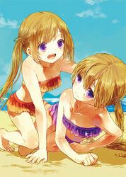  2girls bad_id bad_pixiv_id beach bikini brown_hair kazato_asa kazato_yoru kono_oozora_ni_tsubasa_wo_hirogete long_hair moekon multiple_girls outdoors photoshop_(medium) purple_eyes siblings swimsuit twins twintails very_long_hair 