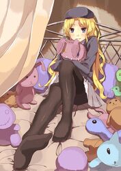  bed beret bird blonde_hair commentary_request dinosaur female frenda_seivelun hat long_hair pantyhose pillow ponishi. purple_eyes rabbit solo stuffed_animal stuffed_bird stuffed_rabbit stuffed_toy teddy_bear thighband_pantyhose toaru_kagaku_no_railgun toaru_majutsu_no_index 