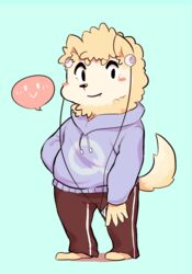  anthro blush bottomwear canid canine canis clothing domestic_dog electronics fur headphones hoodie looking_at_viewer male mammal pants simple_background slightly_chubby solo sweatpants tan_body tan_fur topwear woong 