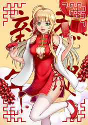  blonde_hair china_dress chinese_clothes commentary_request dress female green_eyes lips long_hair original photoshop_(medium) solo thighhighs tsuki_(s1ber) 