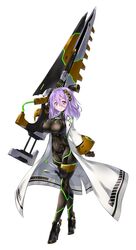  bad_id bad_twitter_id bodysuit breasts covered_navel covered_nipples female full_body gunblade high_heels highres huge_weapon lab_coat large_breasts looking_at_viewer masaki_(lemegeton36133) original oversized_object pink_eyes purple_hair solo trigger_discipline weapon 