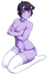  abs black_hair breasts colored_skin commentary covering_breasts covering_privates female frilled_panties frills highres horns ittla monster_girl oni original panties pointy_ears purple_skin short_hair skin-covered_horns slit_pupils solo topless ume_(ittla) underwear white_legwear yellow_eyes 