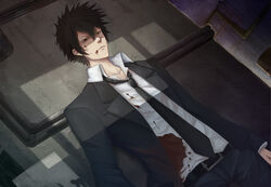  ayan black_hair blood blue_eyes kougami_shinya psycho-pass shade suit tie 