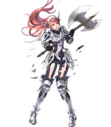  arm_guards armor armored_boots axe battle_axe boots broken broken_armor broken_weapon cherche_(fire_emblem) female fire_emblem fire_emblem_awakening fire_emblem_heroes full_body helswath highres holding holding_weapon long_hair maid_headdress official_art open_mouth red_eyes red_hair solo torn_clothes transparent_background wada_sachiko weapon 