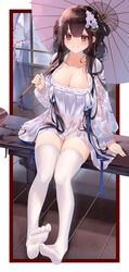  absurdres arino_ayarei azur_lane bench blush braid braided_hair_rings breasts brown_hair chinese_clothes cleavage closed_mouth collarbone dress feet female flower full_body hair_flower hair_ornament hair_rings hanfu highres holding holding_umbrella indoors large_breasts long_hair long_sleeves looking_at_viewer no_shoes official_alternate_costume oil-paper_umbrella qixiong_ruqun red_eyes ruqun see-through sitting smile solo thighhighs umbrella white_dress white_flower white_thighhighs wooden_floor yat_sen_(azur_lane) yat_sen_(paragon_of_celestial_grace)_(azur_lane) zettai_ryouiki 