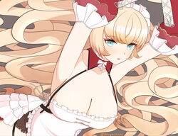  apron arms_up artist_name azur_lane blonde_hair blue_eyes breasts cleavage detached_sleeves eyelashes female frilled_apron frills howe_(azur_lane) howe_(pastry_princess)_(azur_lane) large_breasts long_hair official_alternate_costume red_sleeves shanghai_kani solo very_long_hair white_apron 