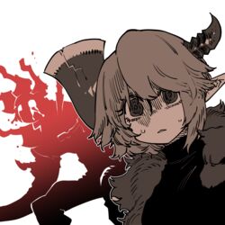  axehorn_(ssambatea) black_dress dress female highres horns korean_commentary looking_at_viewer original pelt pointy_ears ringed_eyes short_hair solo_focus ssambatea turn_pale white_background wide-eyed 