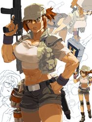  abs alternate_muscle_size ass baseball_cap belt_buckle biceps breasts brown_eyes brown_hair buckle commentary_request crop_top explosive female fio_germi glasses grenade gun handgun hat highres hip_vent holding holding_gun holding_weapon holstered knee_pads large_breasts layeyes metal_slug metal_slug_3 midriff military_operator muscular muscular_female power-up rimless_eyewear round_eyewear scar short_ponytail shorts solo submachine_gun thick_thighs thighs trigger_discipline vest weapon wristband 