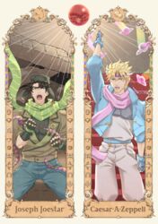  2boys armor battle_tendency blonde_hair blue_eyes blue_jacket bola_(weapon) bomber_hat breastplate brown_hair brown_jacket bubble caesar_anthonio_zeppeli character_name chest_protector crying denim facial_mark fingerless_gloves fuyuo_(k807120) gloves green_eyes headband highres jacket jeans jewelry jojo_no_kimyou_na_bouken joseph_joestar joseph_joestar_(young) male_focus multiple_boys pants pink_scarf ribbon ring ruins scarf shouting striped_clothes striped_scarf tears triangle_print 