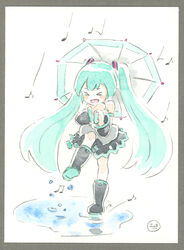  &gt;_&lt; aged_down aqua_hair bare_shoulders black_footwear black_skirt black_sleeves blush_stickers boots commentary_request detached_sleeves epoxy_putty female grey_shirt hair_ornament hatsune_miku holding holding_umbrella lolicon long_hair musical_note open_mouth painting_(medium) puddle rain shirt skirt sleeveless sleeveless_shirt smile solo splashing stepping traditional_media twintails umbrella very_long_hair vocaloid watercolor_(medium) 