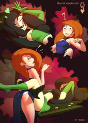  2girls ? artist_name asymmetrical_footwear black_hair blush breast_slip breasts brown_hair confused dated heart kim_possible kim_possible_(series) leg_lock mismatched_footwear multiple_girls nipple_slip nipples one_eye_closed queen_complex seductive_smile shego smile yuri 