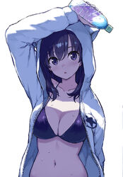  :o animal_hood arm_up bikini bikini_under_clothes black_bikini black_eyes black_hair blush bottle breasts cleavage collarbone commentary_request female holding holding_bottle hood hood_up hooded_jacket jacket large_breasts long_hair long_sleeves looking_at_viewer morisawa_haruyuki navel open_clothes open_jacket open_mouth original simple_background solo stomach swimsuit unzipped upper_body water_bottle white_background white_jacket 