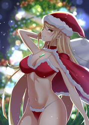  absurdres alternate_costume arm_up bikini blonde_hair blurry blurry_background breasts cape christmas christmas_tree cleavage earrings female gem hat highres jewelry long_hair looking_at_viewer mebi_il mythra_(xenoblade) navel night one_eye_closed panties pose santa_bikini smile solo swimsuit teeth thighs tree underwear very_long_hair xenoblade_chronicles_(series) xenoblade_chronicles_2 yellow_eyes 