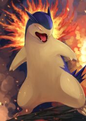  commentary_request fangs fire highres legs_apart no_humans open_mouth orange_eyes pokemon pokemon_(creature) solo standing tesshii_(riza4828) tongue typhlosion 