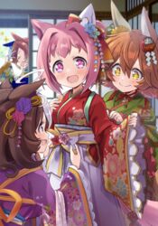  +_+ 4girls :d animal_ears arm_up blush bow breasts brown_hair closed_eyes closed_mouth commentary_request daruma_doll ear_bow ema floral_print flower flower-shaped_pupils gloves green_kimono hair_between_eyes hair_bun hair_flower hair_ornament hakama hakama_skirt haru_urara_(first_urara_saku_sakura)_(umamusume) haru_urara_(umamusume) highres hizuki_yayoi horse_ears horse_girl horse_tail japanese_clothes kimono long_sleeves matikanefukukitaru_(chance_encounters_can_be_a_blessing)_(umamusume) matikanefukukitaru_(umamusume) medium_breasts meisho_doto_(padding_sores_should_she_go_flying)_(umamusume) meisho_doto_(umamusume) multicolored_hair multiple_girls official_alternate_costume official_style pinching_sleeves pink_hair print_kimono profile purple_kimono red_bow red_kimono single_hair_bun skirt sleeves_past_wrists smile symbol-shaped_pupils t.m._opera_o_(blue_dazzle)_(umamusume) t.m._opera_o_(umamusume) tail two-tone_hair umamusume white_gloves white_hair white_hakama wide_sleeves yellow_flower 