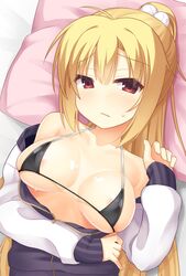  arihara_nanami bad_id bad_twitter_id bare_shoulders bed_sheet bikini black_bikini black_jacket blonde_hair breasts breasts_apart closed_mouth collarbone commentary_request embarrassed female fingernails frown furrowed_brow hair_between_eyes half-closed_eyes head_on_pillow highres inactive_account jacket large_breasts long_hair looking_at_viewer multicolored_clothes multicolored_jacket open_clothes open_jacket pom_pom_(clothes) ponytail red_eyes riddle_joker sidelocks sleeves_past_wrists solo straight_hair sweat swimsuit tatsuya_(trypaint) two-tone_jacket undressing upper_body very_long_hair white_jacket zipper 