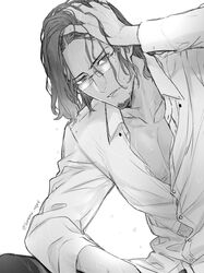  1boy beard button_gap eyelashes facial_hair glasses greyscale hand_in_own_hair hasegawa_zenkichi long_sleeves looking_at_viewer male_focus monochrome pants parted_lips persona persona_5 persona_5_scramble:_the_phantom_strikers shirt simple_background sitting solo sonomi twitter_username wet wet_clothes wet_shirt 