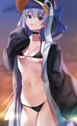  animal_hood bare_shoulders bikini black_bikini black_jacket blue_bow blue_eyes blush bow breasts choker collarbone fate/grand_order fate_(series) female gakuon_(gakuto) gradient_sky highres hood hood_up jacket long_hair long_sleeves looking_at_viewer meltryllis_(fate) meltryllis_(swimsuit_lancer)_(fate) navel open_clothes open_jacket open_mouth orange_sky penguin_hood purple_hair purple_sky sky sleeves_past_fingers sleeves_past_wrists small_breasts solo swimsuit thighs twilight very_long_hair 