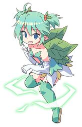  :d ahoge aqua_hair bare_shoulders blue_eyes boots collarbone commentary_request elbow_gloves female full_body gloves green_footwear green_wings hair_between_eyes highres konoha_(shinrabanshou) leaf_wings looking_at_viewer pointy_ears roku_no_hito shinrabanshou simple_background smile solo strapless thigh_boots twintails white_background white_gloves wings 