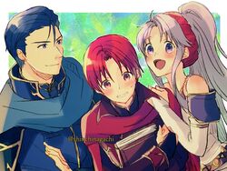  2boys :d azelle_(fire_emblem) blue_hair blush book cape elbow_gloves female fire_emblem fire_emblem:_genealogy_of_the_holy_war gloves hairband holding jewelry lex_(fire_emblem) long_hair multiple_boys nishimura_(nianiamu) open_mouth ponytail purple_eyes purple_hair red_eyes red_hair smile tailtiu_(fire_emblem) 