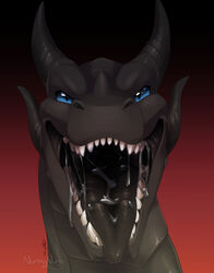  2016 4_horns black_body black_horn black_scales black_tongue blue_eyes bodily_fluids digital_media_(artwork) dragon earless european_mythology fangs feral front_view gaping_mouth gradient_background headshot_portrait hi_res horn kael_artherion looking_at_viewer male mouth_shot multi_horn mythological_creature mythological_scalie mythology nummynumz open_mouth portrait pupils saliva saliva_on_tongue scales scalie sharp_teeth signature simple_background slit_pupils solo teeth tongue tongue_fetish tongue_out watermark western_dragon 