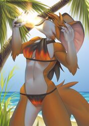  anthro big_ears clothing diaminerre digital_media_(artwork) female fire firebreathing palm_tree pholidine plant portrait sea solo swimwear three-quarter_portrait tree tusks water 