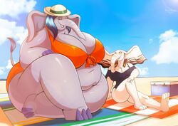  2020 amanda_fairhart anthro beach big_breasts breasts clothing cloud cooler day duo elephant elephantid female female/female grey_body hat headgear headwear larger_female mammal mia_(robthehoopedchipmunk) overweight overweight_anthro overweight_female proboscidean robthehoopedchipmunk seaside size_difference sky smaller_female 