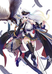  azur_lane bald_eagle belt bird black_belt black_coat black_footwear black_necktie boots bow_(weapon) breasts coat collared_shirt commentary_request duplicate eagle enterprise_(azur_lane) feathers female grim_(azur_lane) hat highres large_breasts military miniskirt necktie neko61 open_clothes open_coat peaked_cap photoshop_(medium) pixel-perfect_duplicate purple_eyes shirt skirt sleeveless sleeveless_shirt underbust weapon white_background white_hair white_headwear 