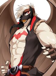  2022 abs accipitrid accipitriform anthro aquilo_(kemo_coliseum) athletic athletic_anthro athletic_male avian beak bird brown_body brown_feathers clothed clothing colored dudedle e_convenient eagle facial_markings feather_hair feathers fingerless_gloves fingers gloves half-length_portrait handwear head_markings hi_res humanoid_hands kemo_coliseum male markings mask navel open_clothing open_shirt open_topwear orange_eyes pecs portrait pseudo_hair shirt simple_background sleeveless_shirt solo tan_body tan_feathers topwear white_background yellow_beak 