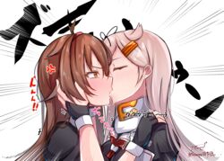  2girls absurdres anger_vein artist_name baileys_(tranquillity650) black_gloves black_ribbon black_serafuku blonde_hair blush brown_eyes brown_hair emphasis_lines fingerless_gloves forced_kiss gloves hair_flaps hair_ornament hair_ribbon hairband hairclip highres kantai_collection kissing long_hair motion_lines multiple_girls neckerchief red_hairband red_neckerchief ribbon scarf school_uniform serafuku shiratsuyu_(kancolle) shiratsuyu_kai_ni_(kancolle) short_sleeves signature twitter_username upper_body white_scarf yuri yuudachi_(kancolle) yuudachi_kai_ni_(kancolle) zukyuun 