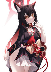  absurdres animal_ear_fluff animal_ears ass_visible_through_thighs black_choker black_hair black_kimono black_knight blue_archive breasts choker cleavage clenched_hand closed_mouth clothes_grab collarbone commentary female finger_to_mouth fox fox_ears fox_girl fox_tail hair_between_eyes halo head_tilt highres japanese_clothes kimono kitsune legs_together lifting_own_clothes long_hair long_sleeves medium_breasts multicolored_hair obi obijime parted_bangs red_hair sash short_kimono sidelocks simple_background single_bare_arm smile solo symbol-only_commentary tail tassel thighs tongue tongue_out two-tone_hair very_long_hair wakamo_(blue_archive) white_background wide_sleeves yellow_eyes 