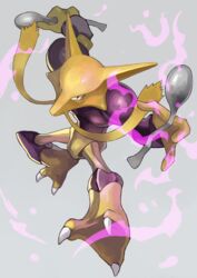  alakazam claws commentary_request energy hands_up highres holding holding_spoon looking_at_viewer no_humans pokemon pokemon_(creature) solo spoon tesshii_(riza4828) 