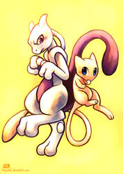  2012 ambiguous_gender anthro belly blue_eyes digital_media_(artwork) duo felid generation_1_pokemon grey_body haychel hi_res legendary_duo legendary_pokemon mammal mew_(pokemon) mew_duo mewtwo nintendo pink_body pokemon pokemon_(species) purple_belly purple_eyes simple_background tail text url yellow_background 