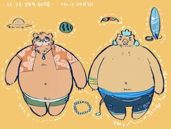  2020 anthro bear belly bottomwear brown_body brown_fur buta5kawa clothing duo eyewear fur ganglie_(tas) glasses hat headgear headwear hi_res japanese_text lifewonders male mammal navel overweight overweight_male pants shirt shorts simple_background straw_hat suid suina surfboard sus_(pig) text tokyo_afterschool_summoners topwear vehicle volos_(tas) watercraft wild_boar 