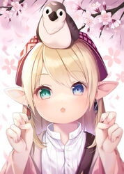  absurdres amahara_pekozaemon animal_on_head bird blonde_hair blue_eyes blush branch collared_shirt commentary_request dress_shirt earrings female final_fantasy final_fantasy_xiv flower green_eyes hands_up heterochromia highres jacket jewelry lalafell long_hair long_sleeves looking_at_viewer nail_polish on_head open_clothes open_jacket parted_lips pink_flower pink_jacket pink_nails pointy_ears shirt solo warrior_of_light_(ff14) white_shirt wide_sleeves 