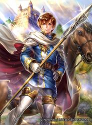  1boy blue_shirt brown_eyes brown_hair cape castle fire_emblem fire_emblem:_genealogy_of_the_holy_war fire_emblem:_thracia_776 fire_emblem_cipher gold_trim horse leif_(fire_emblem) official_art polearm shirt spear taneda_kazuhiro weapon white_cape 